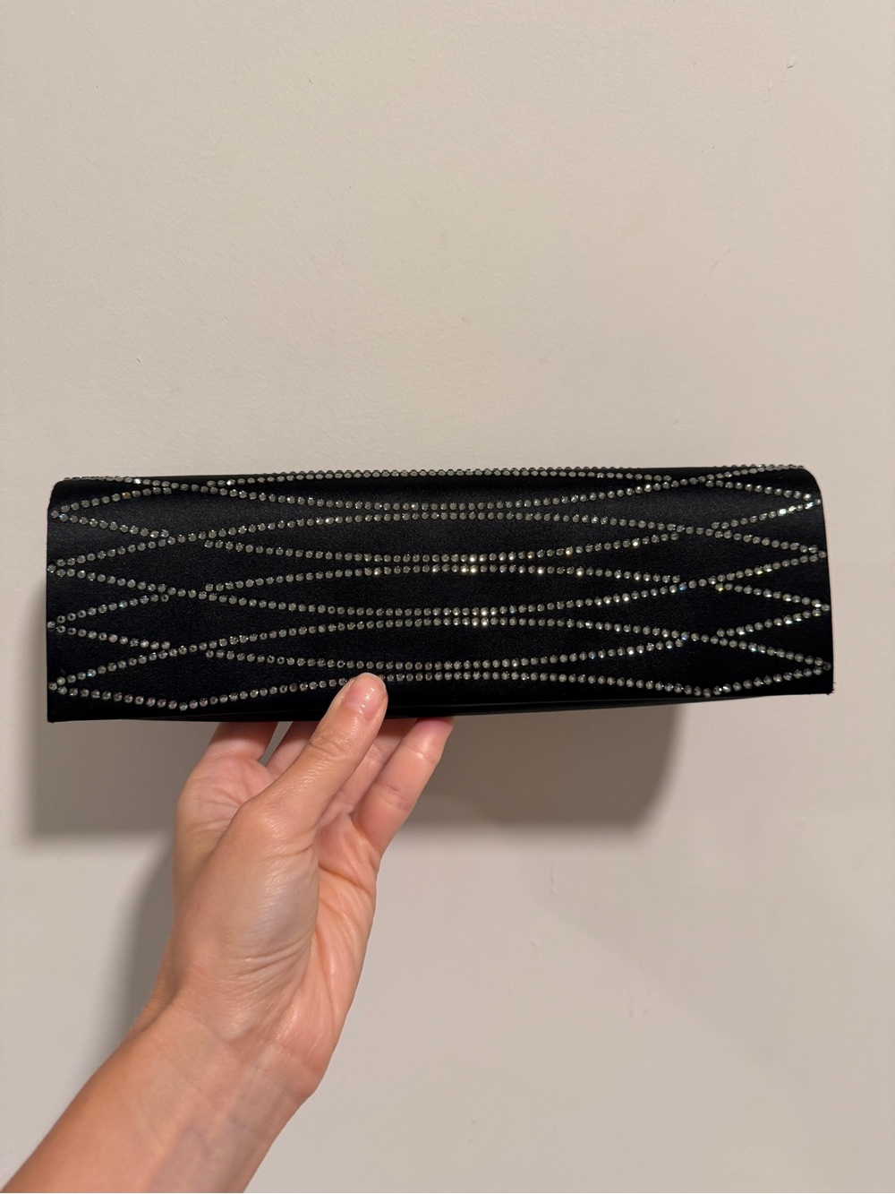Rodo Italy Black Satin Evening Clutch Crystal Embellished Formal Handbag